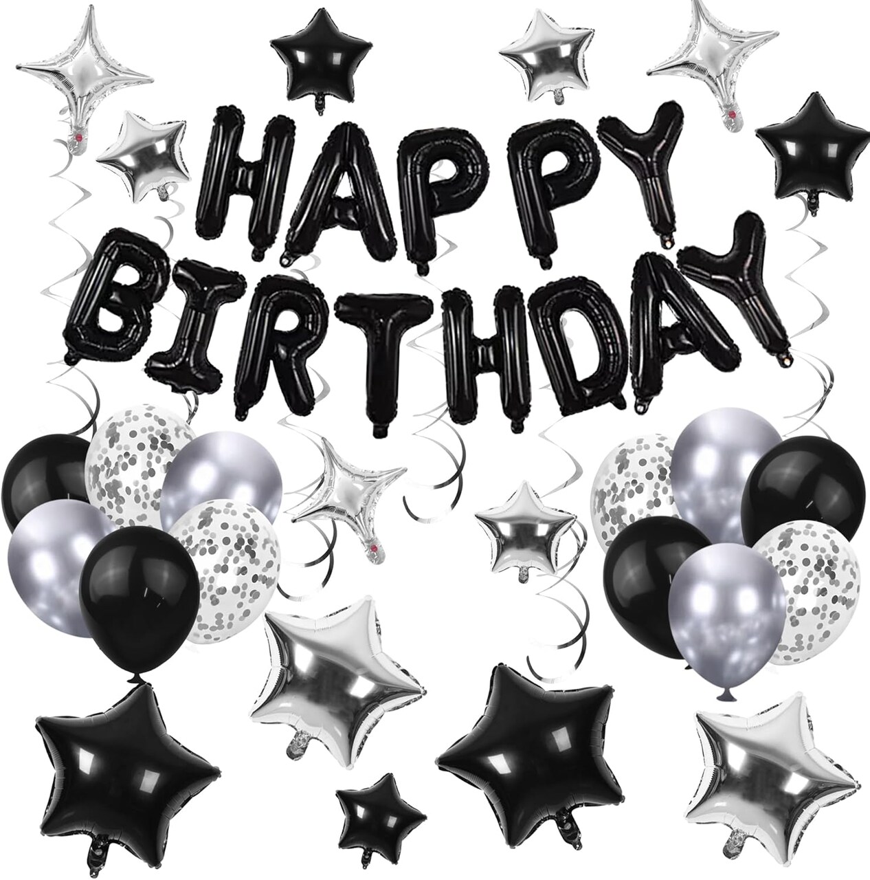 56PCS Black & Silver Happy Birthday Balloon Set – 14" Happy Birthday Banner, Star Balloons, Latex & Confetti Balloons for Boys, Girls, Men & Women Birthday Party Decorations (Black)
